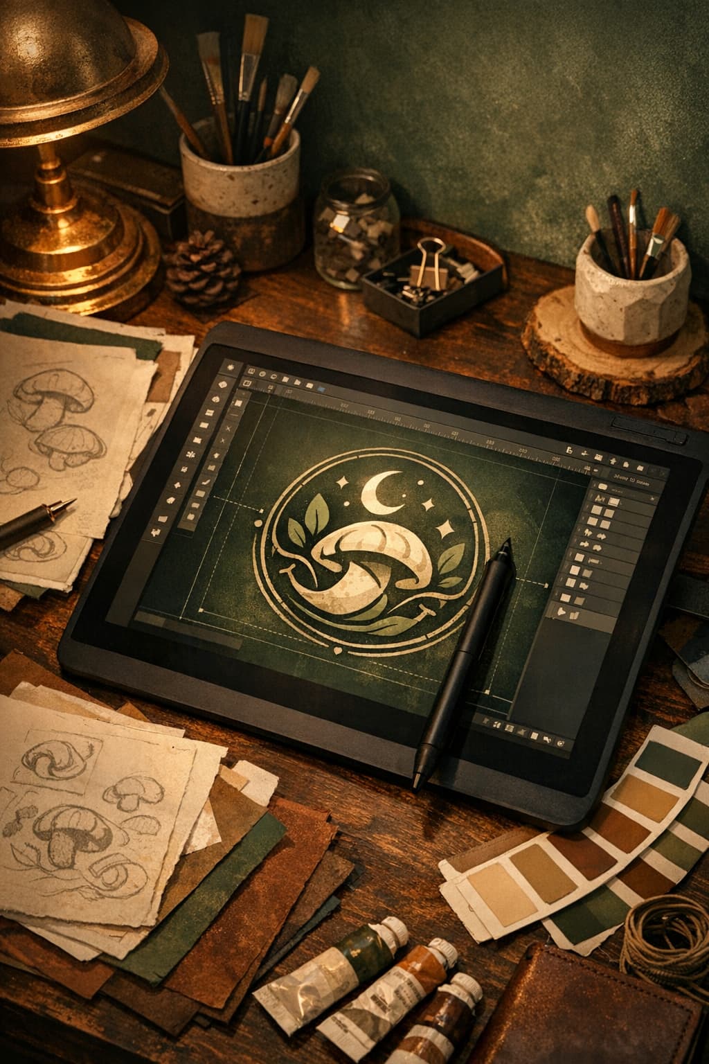 Moody digital art studio workspace for Torrtellini Art Co. social media post