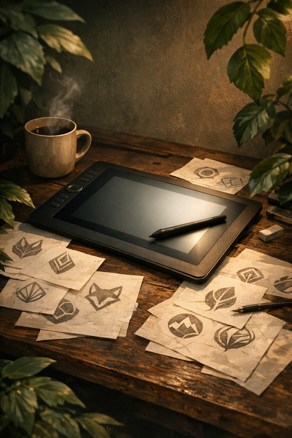 A designer's desk with a glowing drawing tablet, logo sketches, coffee, and green plants in a moody moss-green and warm brown color palette