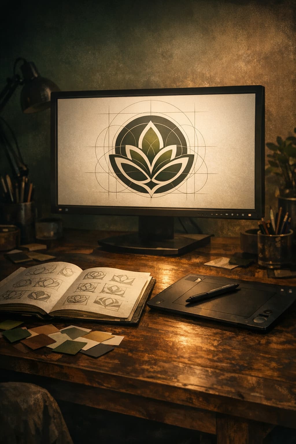 A moody digital art studio scene with a glowing monitor showing a logo design in progress, warm moss-green and bark-brown tones, stylus pen and sketchbook on a dark wood desk.