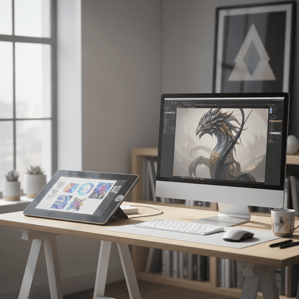 Digital artist's desk with tablet and monitor displaying custom graphic designs in a modern studio.