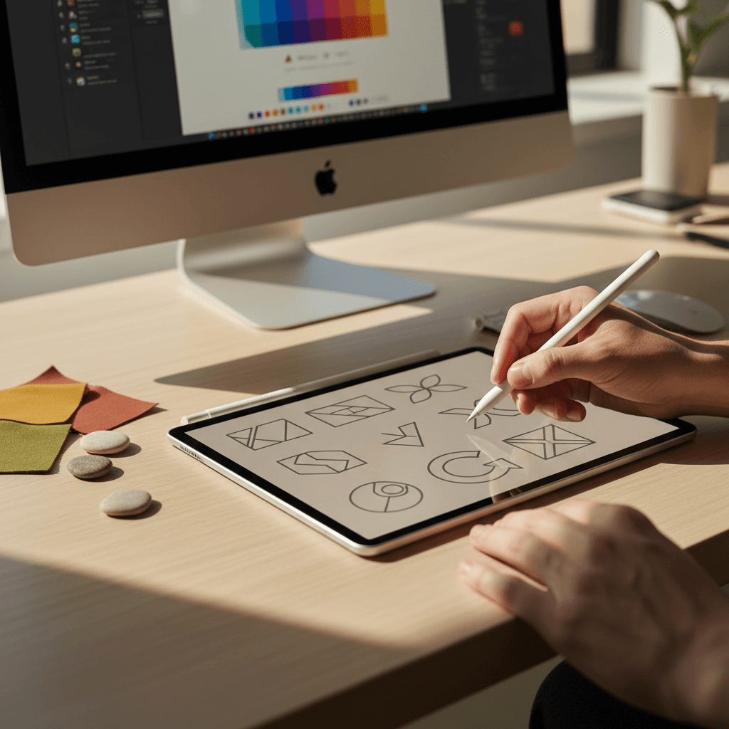 Designer's hands sketching logo concepts on digital tablet with stylus in bright studio workspace
