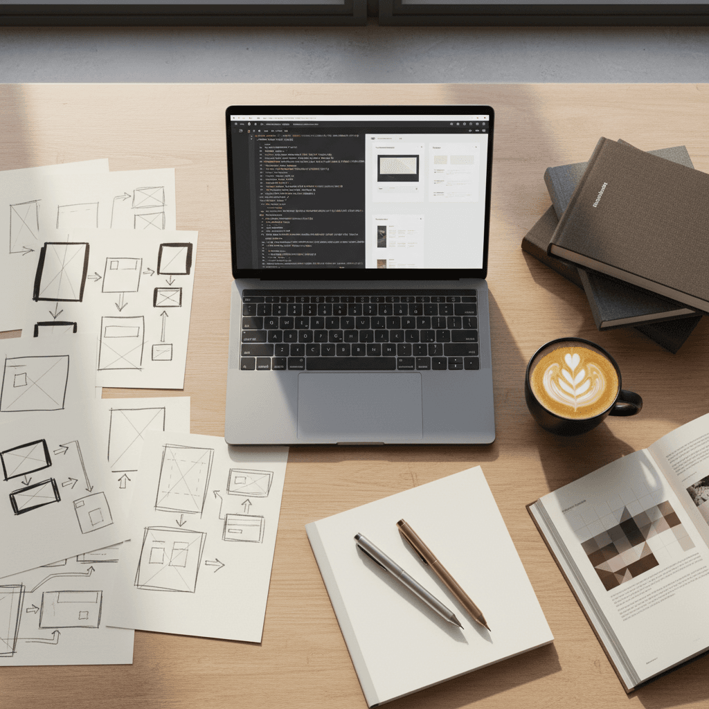 Overhead flat-lay of designer's desk with laptop, sketches, premium coffee, and design tools arranged with natural window lighting