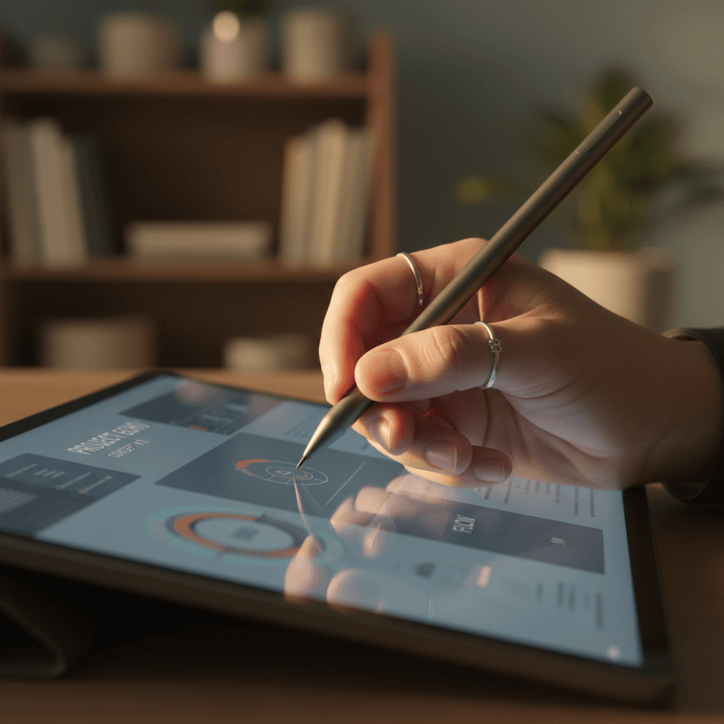 Close-up of designer's hand with pen annotating digital sketches on tablet screen in professional workspace