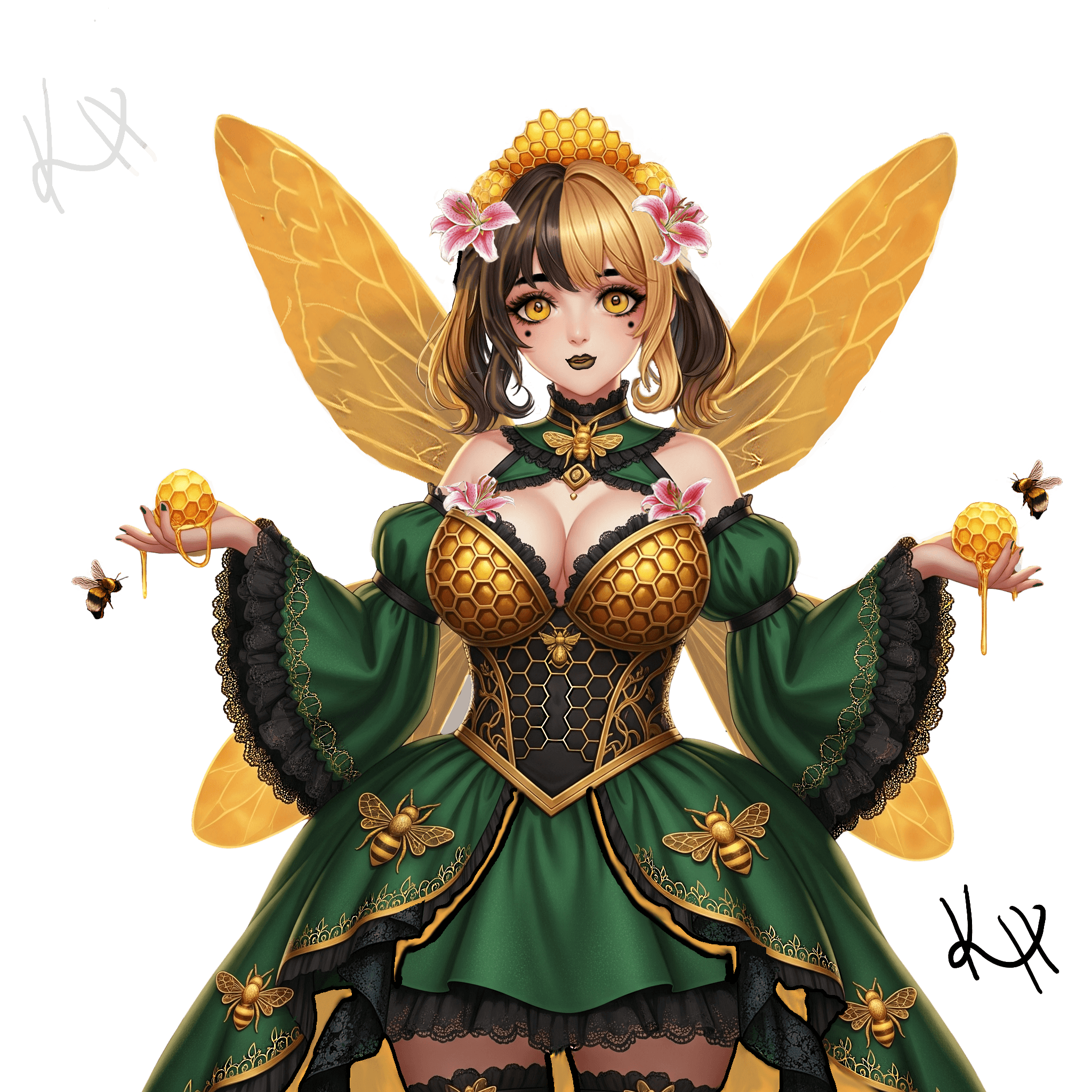 Anime queen bee with golden wings, green honeycomb dress, and floral crown holding dripping honeycombs.
