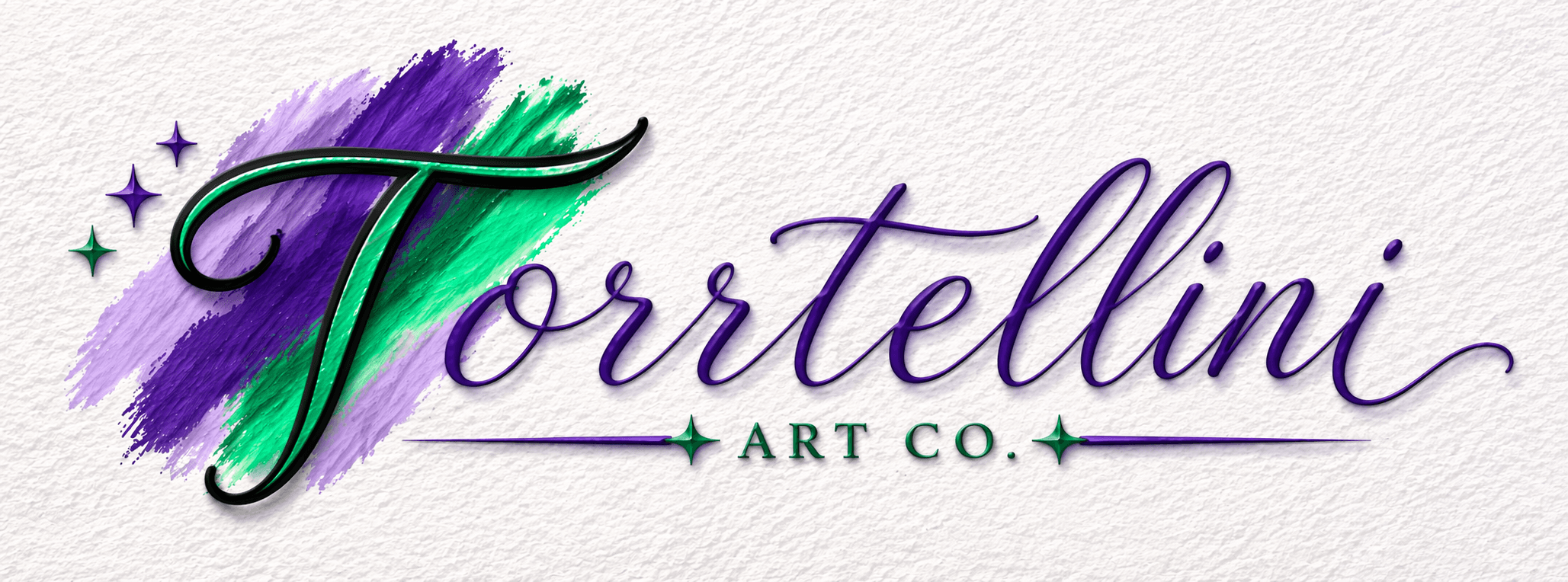 Torrtellini ART CO. logo with purple cursive text and green brushstrokes on white textured paper.