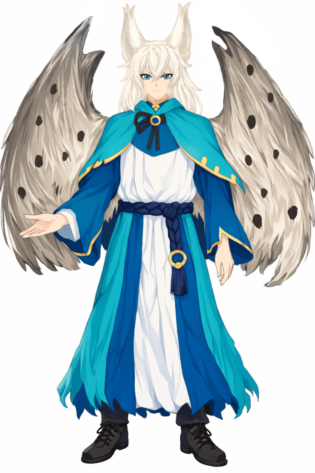 White-haired anime boy with fox ears, large spotted wings, and blue and white robes.
