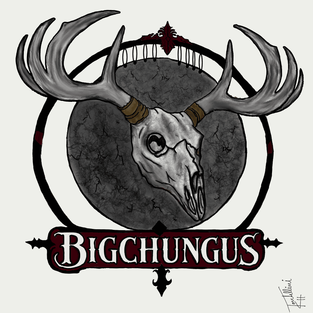 Gothic deer skull with large antlers over a dark moon and the text BIGCHUNGUS.