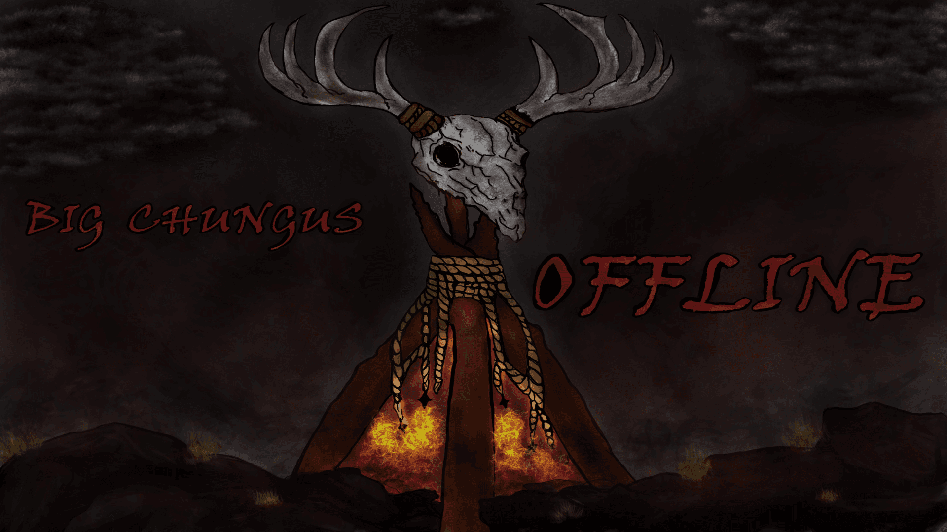 Antlered deer skull on a wooden tripod over fire with red Big Chungus Offline text.