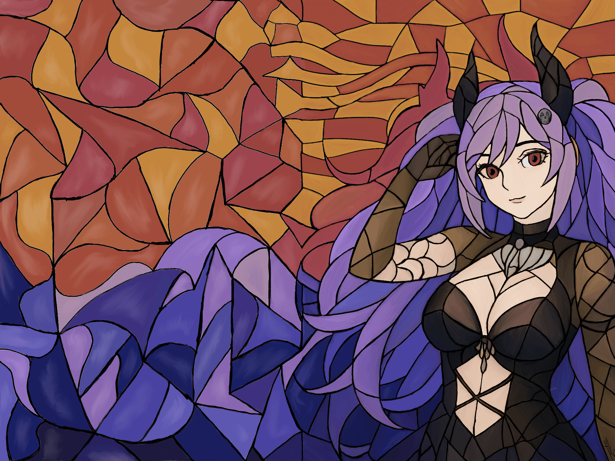 Purple-haired anime girl with red eyes and horns in a vibrant stained-glass mosaic style.