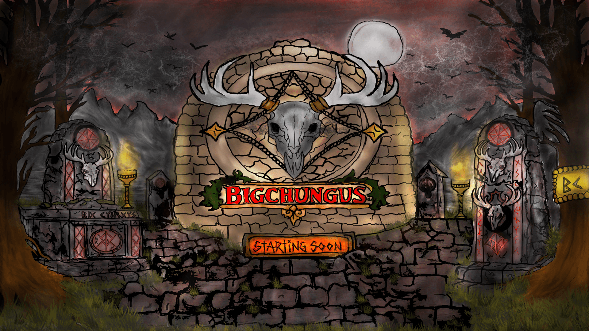 Spooky stone ruins with antlered skulls and text reading BIGCHUNGUS STARTING SOON at night.