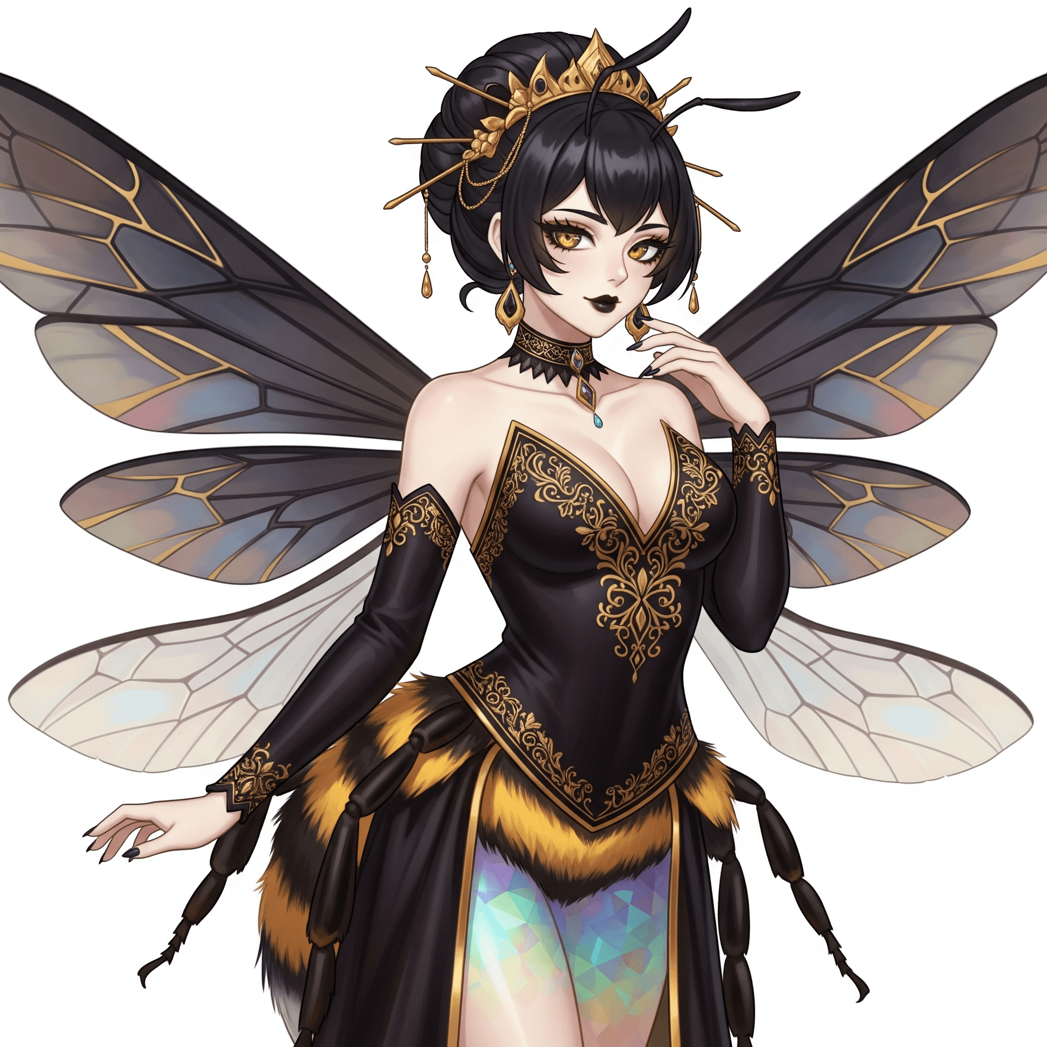 Anime queen bee with large wings, golden crown, and fuzzy black and gold lower body.